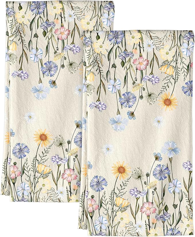 Miss Adola Flour Sack Kitchen Towels - Set of 2 Spring Dish Towels with Hanging Loop 18x26 Inch Absorbent Reusable Cotton Cloths for Cleaning Cute Design Home Decorative Housewarming, Colorful Flower