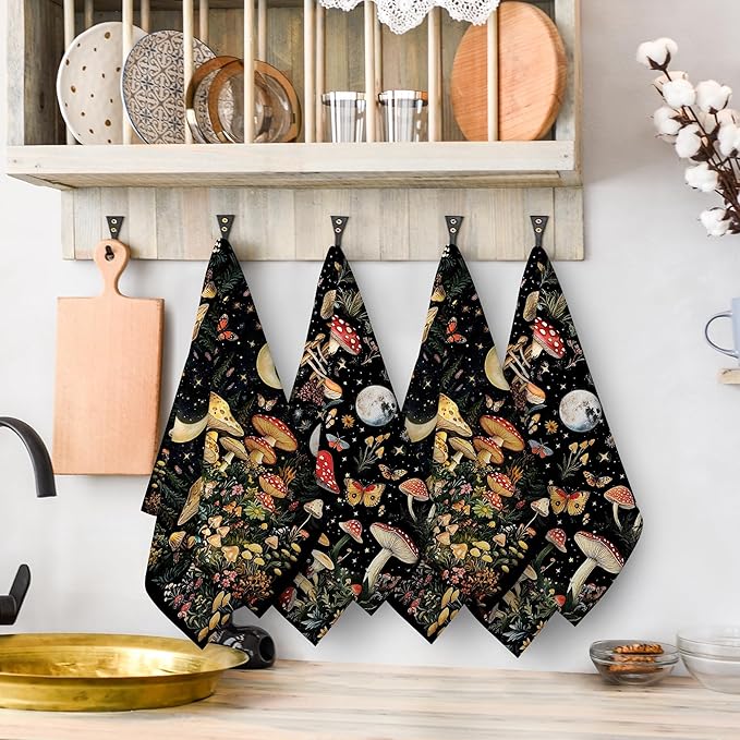 Mushroom Moth Kitchen Towels Decorative Set of 4, Witchy Dish Towels Absorbent Hand Drying Cloth for Cooking Baking, Mushroom Witchy Gifts for Women 16"x24", Black Kitchen Decor