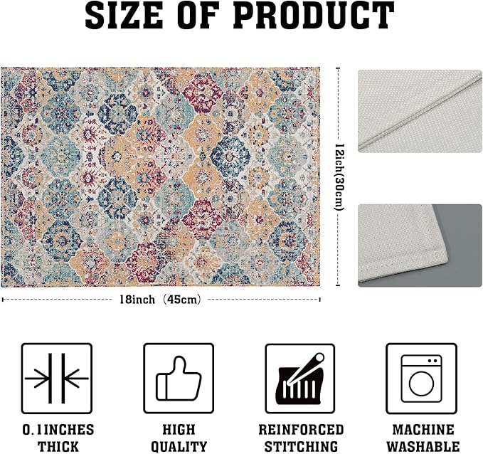 aportt Ethnic Boho Placemats Set of 4 Bohemian Carpet Vintage Rust Coral Floral Carpet Linen Washable Kitchen Dining Table Mats Stain Heat-Resistant Desktop Decor Place Mats 12x18 in