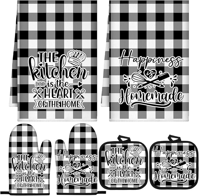 Sratte 6 Pcs Kitchen Decor Accessories Set Farmhouse Towels Pot Holders Oven Mitts Set 2 Dish Towels 2 Potholders 2 Cooking Mittens Oven Glove for Christmas Baking Cooking Supply(Black White,Kitchen)