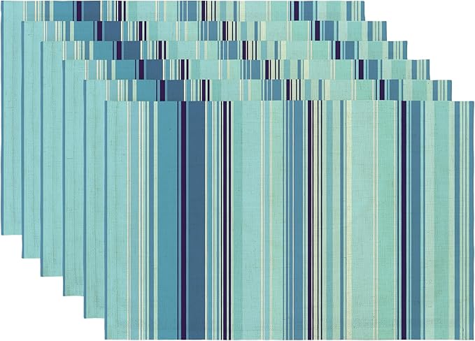 LilyCat Linen Fabric Blue Stripes Placemats, Durable Boho Dining Table Mats for Kitchen, Rustic Vintage Washable Place Mats Set of 6, 18’’× 12’’