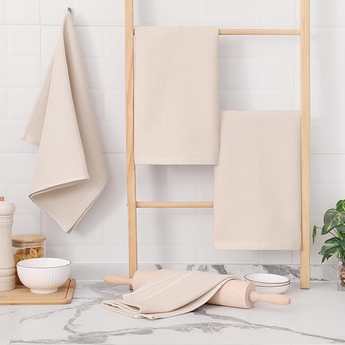 Homaxy 100% Cotton Waffle Weave Kitchen Towels - 8 Pack Soft and Absorbent Dish Towels - 16 x 26 Inches Quick Dry Hand Towels - Beige