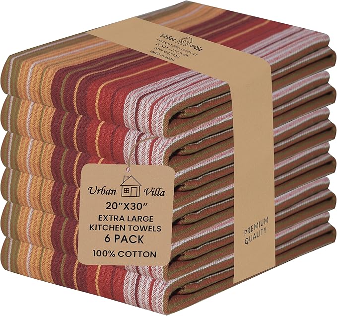 Urban Villa Kitchen Towels Harvest Stripes Towels Set of 6 20" X30” 100% Cotton Highly Absorbent Quick Drying Dish Cloths & Dish Towels Thanksgiving Fall Tea Towels with Hanging Loop Towels