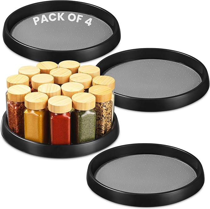 Oizeir 10 Inch Lazy Susan (Set of 4) - Non-Skid Turntable for Cabinet to Maximize Storage and Simplify Accessibility in Kitchen, Bathroom, and Pantry Spaces (Black)
