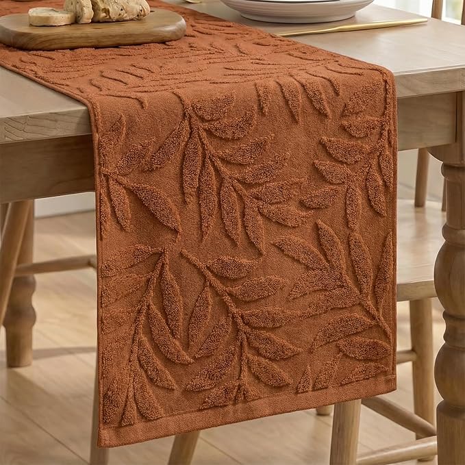 Artoid Mode Caramel Soft Cotton Jacquard Leaves Spring Table Runner, Holiday Kitchen Dining Table Decoration for Home Party Decor 13x72 Inch