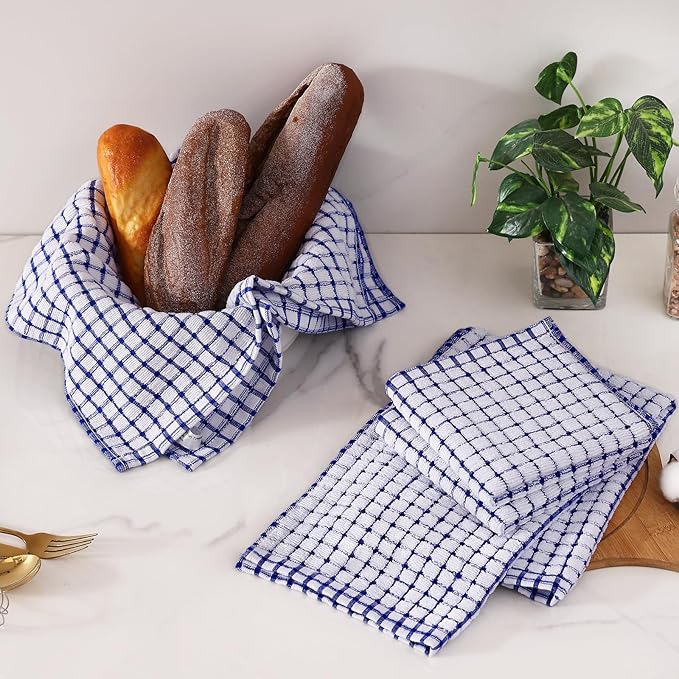 Homaxy Kitchen Towels and Dishcloths Set, 16 x 25 and 12 x 12 Inches, Set of 12 Cotton Terry Kitchen Dish Towels, Super Soft and Absorbent Dish Cloths, Blue