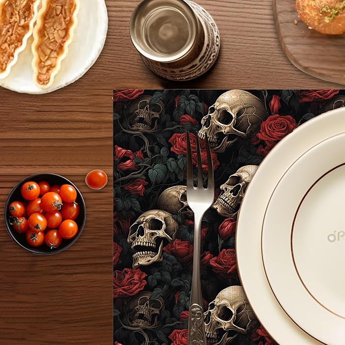 Skull Rose Placemats Set of 6,Washable Heat Resistant 12×18 Inch Linen Table Mats Floral Place Mats for Party Outdoor Dining Décor