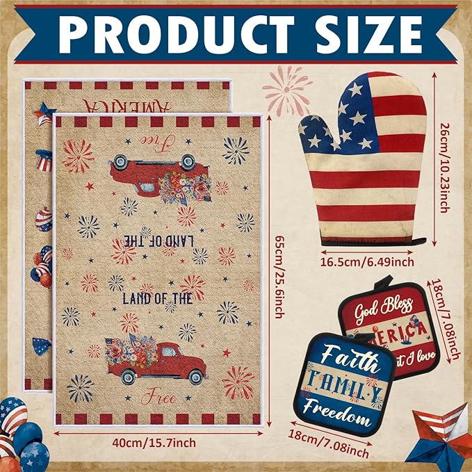 Peryiter 5 Pcs 4th of July Kitchen Towels Pot Holders and Oven Mitt Set Patriotic Retro 2 Dish Towels 2 Square Potholders 1 Heat Resistant Glove for Cooking Baking Gifting Home (Patriotic)