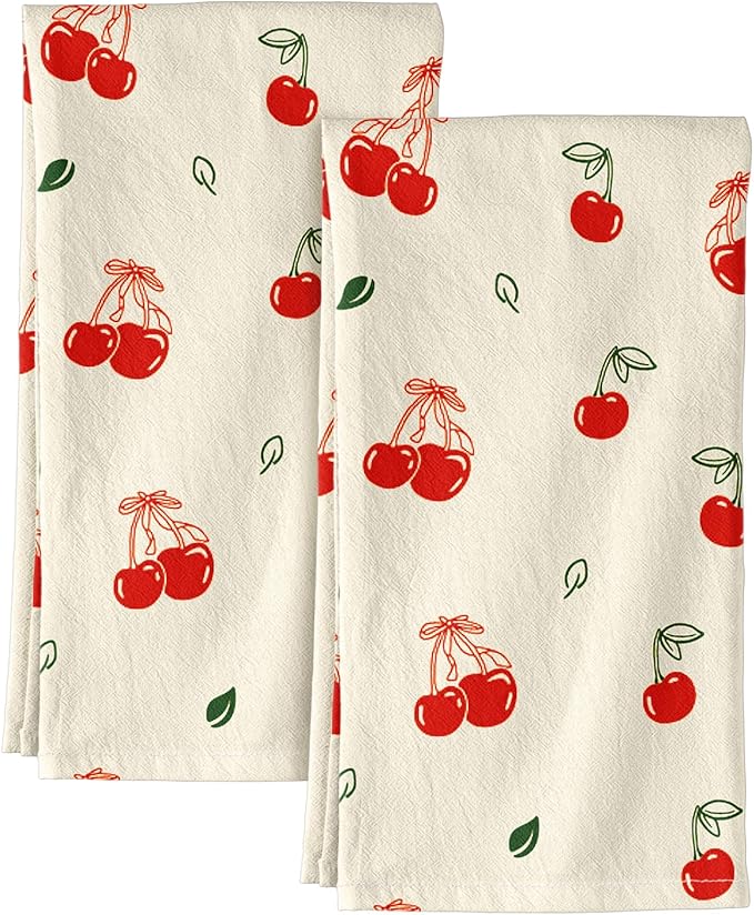 Miss Adola Flour Sack Kitchen Towels Set of 2-18x26 Cotton Dish Towels with Hanging Loop Reusable Tea Towel for Cleaning Spring Absorbent Dishcloths Cute Home Decor Housewarming, Bow Cherry