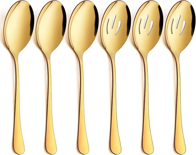 LIANYU 6 Pack Gold Serving Spoons Set, Large Slotted Spoons, Stainless Steel Buffet Dinner Restaurant Golden Serving Utensils, Catering Set for Party Banquet, 9.8 Inch