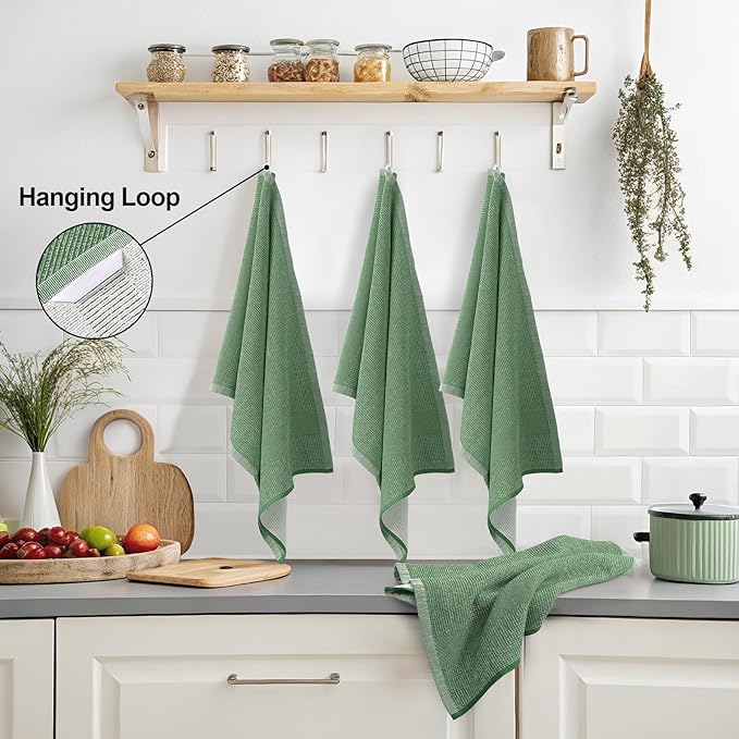 Mordimy Premium Kitchen Towels 8 Pack (18 x 28 Inches, Grass Green), Large Cotton Kitchen Hand Towel, Flat & Terry Dish Towels for Drying Dishes, Super Absorbent Tea Dishtowels Set with Hanging Loop