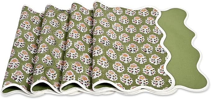 CPC Cotton Placemats Jade Green Set of 4-Hand Block Printed Reversible Placemats, Machine Washable, Flower Scalloped & Embroidered Cloth Table Mats - 14 x 20 inch