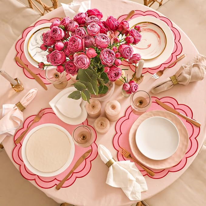 Whaline Pink Red Linen Placemats Embroidered Round Scalloped Kitchen Table Mats for Wedding Anniversary Valentine's Day Baby Shower Party Home Dining Table Decor, Set of 4, 15 x 15 in