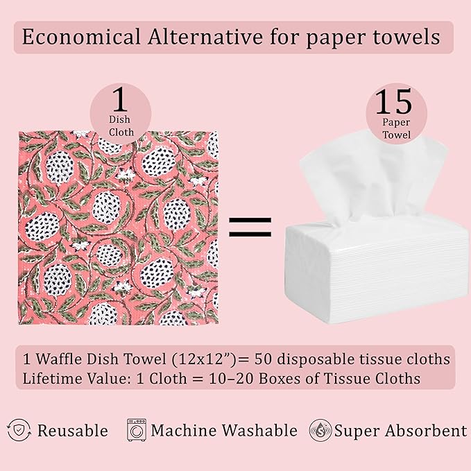 Ridhi Dark Salmon Pink Hand Block Print Cotton Waffle Dish Cloth Set of 12-12x12 Inch Super Absorbent, Soft, Reusable Kitchen Towels for Dish Drying Cleaning, Ideal for Spring, Easter, Valentine