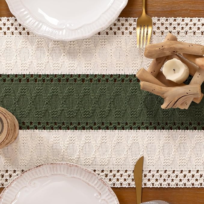DeZerlor Boho Macrame Table Runner Spring Easter Farmhouse Woven Table Runner with Tassels 60 Inches Ivory& Olive Green Cotton Linen Kitchen Table Decor for Dining Dresser Home Tea Table Decor