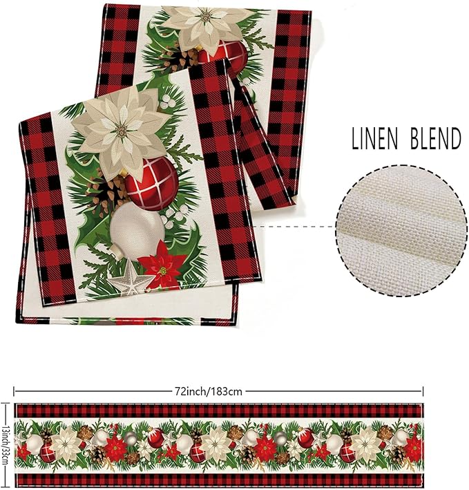 Christmas Decorations - Red and Black Buffalo Check Christmas Table Runner,Winter Holiday Kitchen Dining Table Decoration for Home Party Decor 13 x 72 Inch