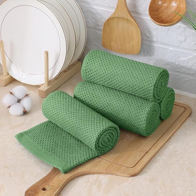 Kitinjoy 100% Cotton Kitchen Towels and Dishcloths Set, 12 Pack-13" x 28" and 12" x 12" Waffle Weave Dish Towels, Ultra Soft Absorbent Quick Drying Dish Rags, Grass Green