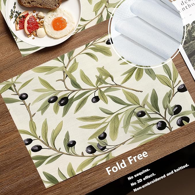 Batmerry Olive Branches Placemats, Leafy Olive Pattern Washable Linen Table Mats for Kitchen Table Double Insulation Decor Dining Set Indoor Outdoor 12X18 in Set of 4