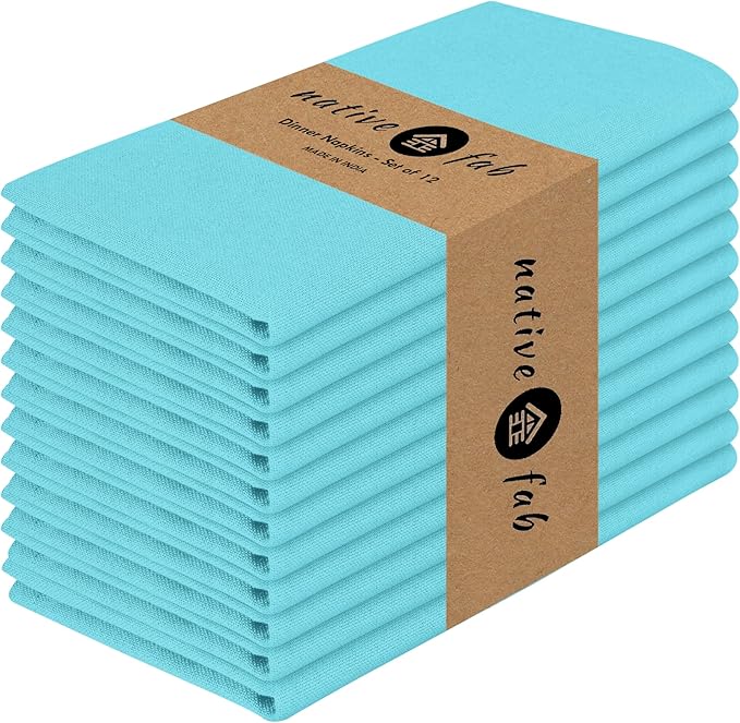 Native Fab Blue Cloth Napkins, 12 Pack, 100% Cotton, 17x17 Inches, Heavy Duty, Soft Texture, Quick Drying, Great for Spring Holidays, Family Gatherings, Baby Showers, Restaurant Use, Ocean Blue