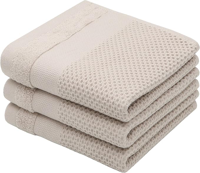 Mia'sDream Cotton Hand Face Head Towel Waffle Weave Kitchen Tea Towel Dish Towels, Soft and Absorbent Bath Guest Gym Towel Washcloths, 13inch x 28inch 3 Pack (Khaki)