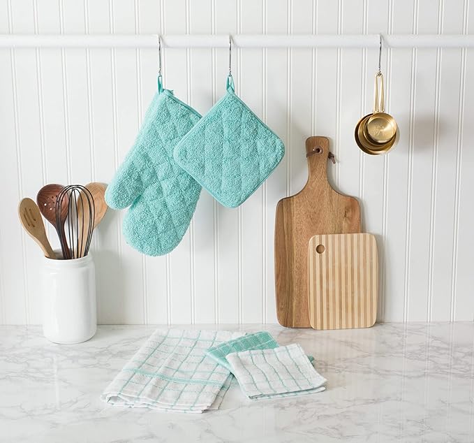 DII Basic Terry Collection Windowpane Dishcloth Set, 12x12, Aqua, 6 Piece