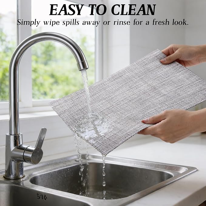 Timeet Placemats Set of 4, Heat Resistant Non-Slip Place Mats, Durable Washable PVC Vinyl Woven Table Mats, Linen Textured Table Placemats for Dining Kitchen Resistant Easy to Clean(Gray)
