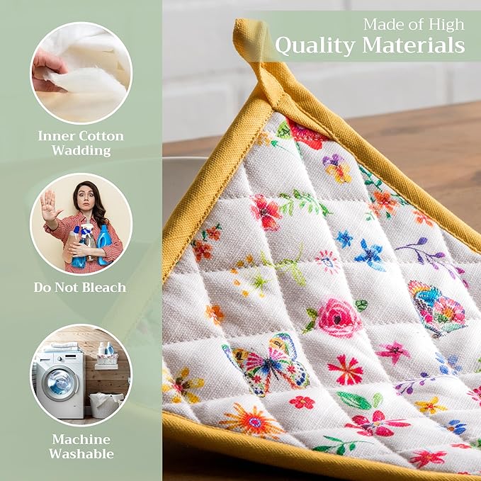 Maison d' Hermine Pot Holders 100% Cotton Heat Resistant Potholders 8" x 8" Hot Pads with Loop Baking Gifts for Mothers Day Handling Hot Pans Spring/Summer (Pack of 2, Happy Florals - Sweety)