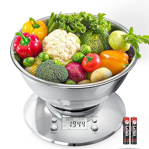 GRAM PRES Kitchen Food Scale Digital Weight Grams and Oz，Professional Stainless Steel Digital Kitchen Food Scale 11lb/0.1oz with Bowl for Weight Loss Dieting Baking Cooking