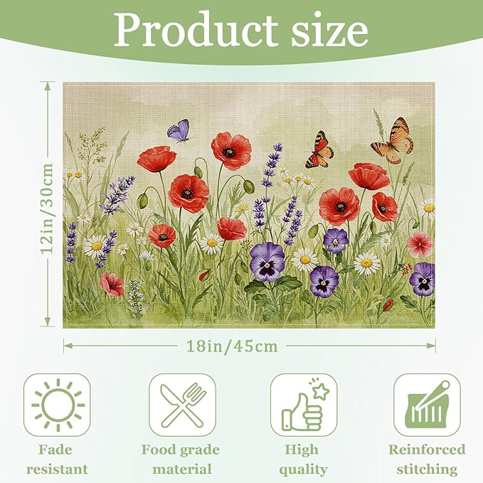 Poppy Flower Butterfly Placemats Set of 6, Washable Heat Resistant Table Mat Linen Place Mats for Party Kitchen Dining Home Decor 12x18 Inch