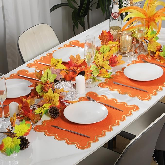 HunnmingRe Set of 6 Cotton Linen Placemats, 13x19 Inch Scalloped Wavy Embroidery Placemat Double Layered Washable Rustic Rectangle Dinner Table Mats for Wedding Home Decor(Orange with Yellow)
