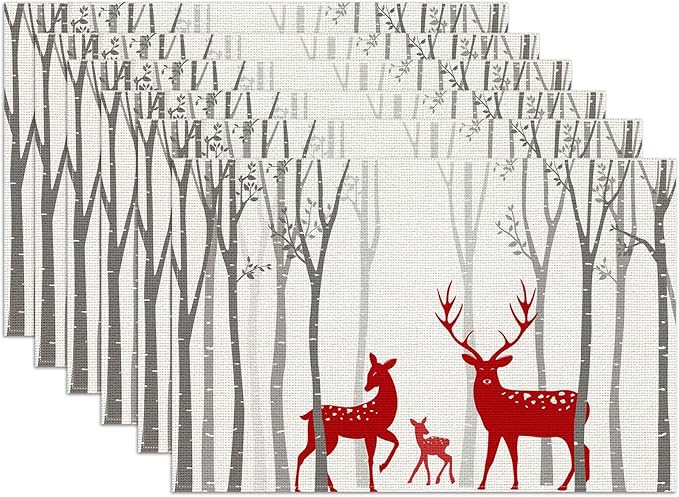Birch Tree Deer Placemats Set of 6,12x18 Inch Wild Animals Forest Linen Place Mat Washable Stain Resistant Table Mats for Seasonal Farmhouse Kitchen Party Home Decor