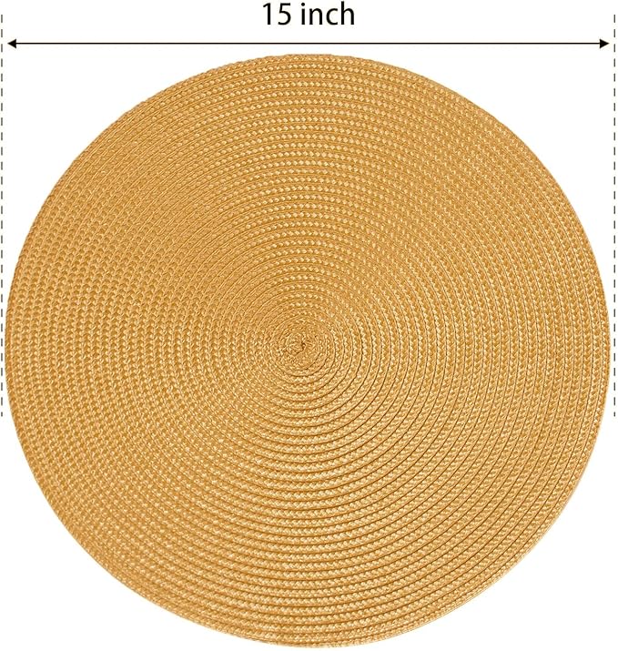 FunWheat Round Braided Placemats Set of 6 Table Mats for Dining Tables Woven Washable Non-Slip Place mats 15 Inch(Pumpkin Yellow, 6pcs