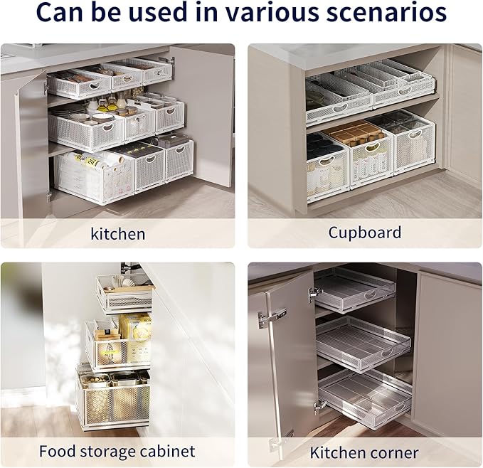 Pull Out Cabinet Organizer, No Drill Adhesive Sliding Drawers for Kitchen, Metal Mesh Wire Storage Shelf for Pantry & Under Sink, White (9.6" W x 11.8" D x 8.4" H)
