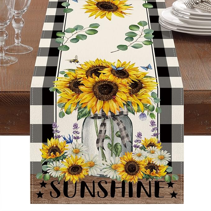 Sunflower Table Runner Summer Decorations for Home, Sunflower Kitchen Decor Dining Table Decor for Seasons Farmhouse Home Party Indoor Outdoor 13x72 in