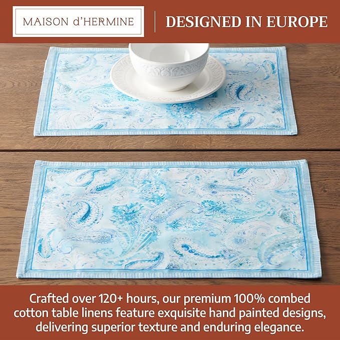 Maison d' Hermine Placemat 100% Combed Cotton Premium Set of 4 Decorative Washable Place Mats Table Cloth Placemat, Dining, Kitchen, Parties & Camping - Paisley Blues (13"x19")