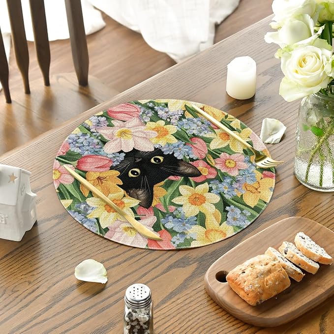 Artoid Mode Tulip Flowers Cat Round Spring Placemats Set of 4, 14 Inch Summer Round Table Mats for Dining Decoration