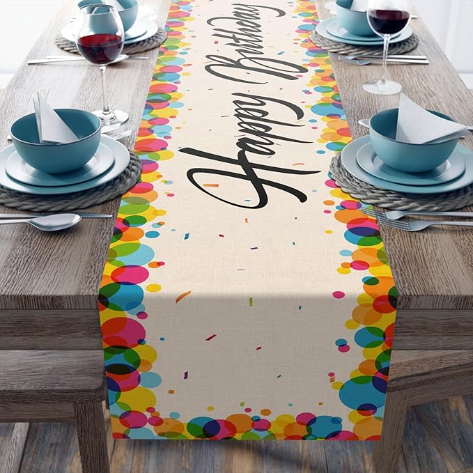 Happy Birthday Table Runner Colored Circles Ribbons 13x72 Inch Polyester Linen Table Decoration for Kitchen Dinning, Indoor Outdoor Home Party Desktop Decor (Multicolour)