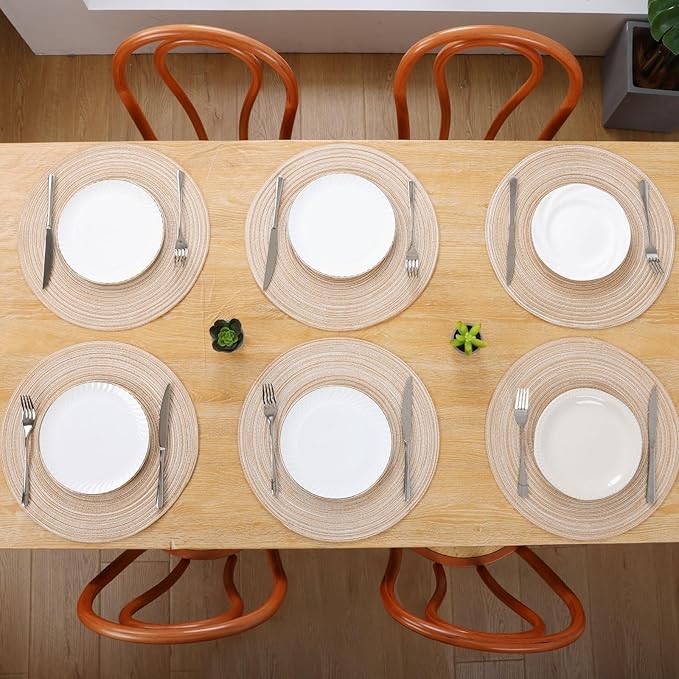 SHACOS Round Placemats Set of 6 Cotton Polyester Braided Place Mats 15 inch Heat Resistant Washable Table Mats for Kitchen Dining Party Natural Table Decor (Beige, 6)