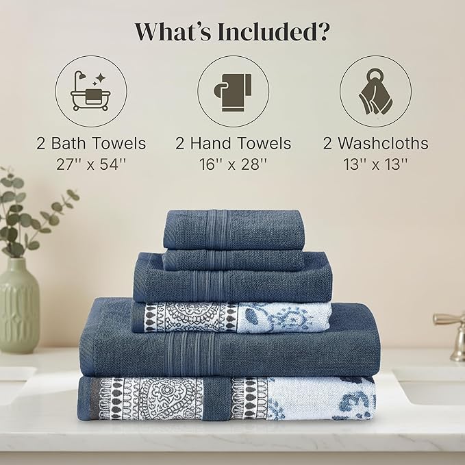 Modern Threads Floral Trail 6-Piece 100% Cotton Towel Set – Reversible Yarn Dyed Jacquard - Includes 2 Bath Towels, 2 Hand Towels, 2 Washcloths – Absorbent, Quick Dry, Soft & Durable – Navy