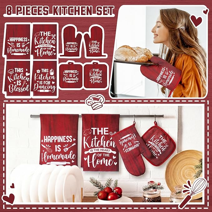 Leinuosen 8 Pcs Kitchen Towels and Oven Mitts Sets Pot Holders Dishcloths Set Kitchen Decorative Accessories Absorbent Potholders Heat Resistant for Chef Baking Cooking