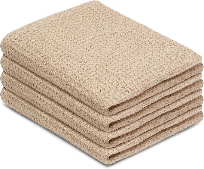 Blue Needles Waffle Weave Kitchen Towels, 15x25 Inches 100% Cotton Set of 4 Dish Towels for Kitchen, Ultra Soft & Absorbent with Hanging Loop, Spring Summer Dish Rags for Quick Drying - Beige