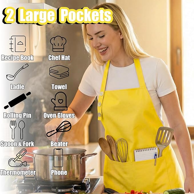 TOSHE Kitchen Apron Waterdrop Resistant Cotton Apron with adjustable Aprons for Women with Pockets 10 Color option Cooking Yellow Apron (Yellow)