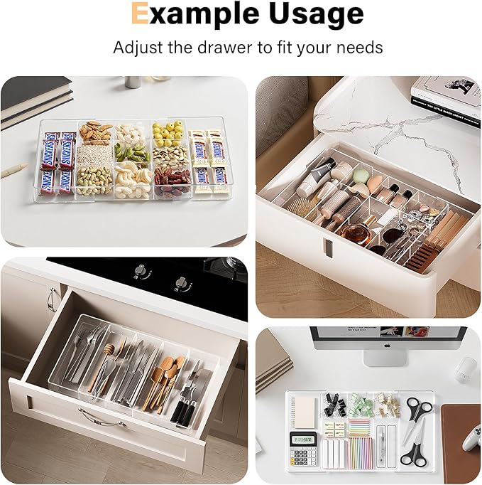 Acrylic Expandable Desk Drawer Organizer with 11 Adjustable Compartments and 6 Removable Dividers Desk Accessories for Office Kitchen Bathroom Makeup and Utensil Junk Storage (Clear, 2Pcs)