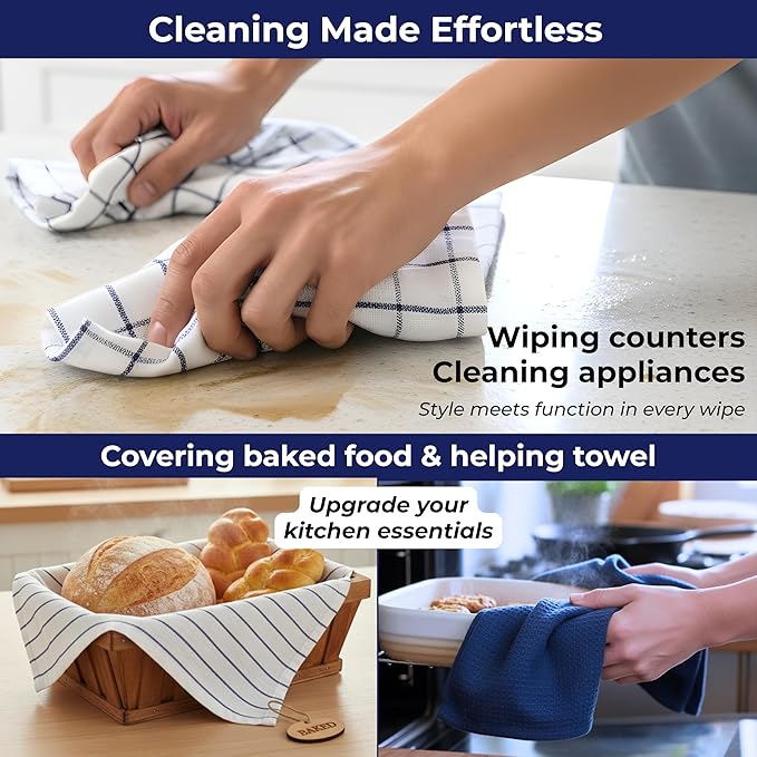 Cotton Dish Towels For Kitchen Drying - Highly Absorbent Wide Navy Blue Striped Plaid Tea Towels - 18"X28" Set Of 6 Farmhouse Linen Dishtowels In Bulk - Pano De Prato Para Cozinha - T Towles Towls