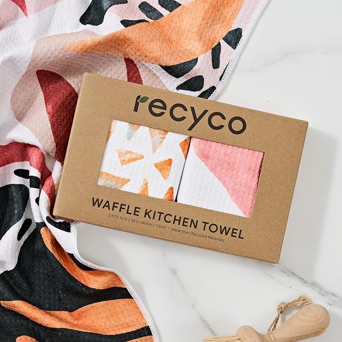 RECYCO Waffle Kitchen Towel Set of 2 - Quick Dry Microfiber Sustainable Dish Towels - Ultra Absorbent Reusable Cleaning Tea Towels - Lightweight Hand Towels,16”x 28”, Boho Oasis