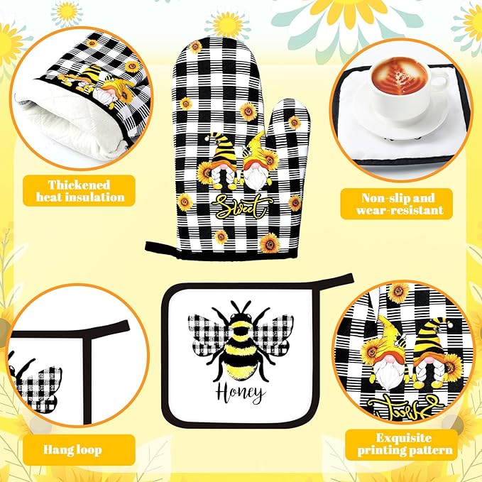 Fourluoo 10 Pcs Bee Kitchen Decor Sunflower Oven Mitts and Pot Holders Set Yellow Bee Dish Towels Rugs Mats Buffalo Plaid Kitchen Accessories for Chef Baking Cooking Grilling BBQ Women Home Gift