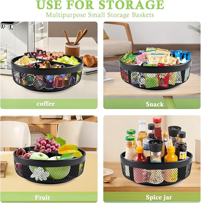 Snack Organizer for Countertop, Metal Turntable Organizer with Divider, 4 Compartment Snack Storage Spinning Snack Tray, Lazy Susan Snack Spinner for Snack Bar Organizer Pantry Storage-Black
