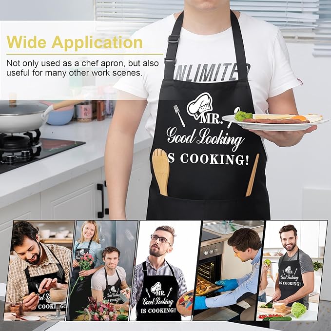 Funny Aprons for Men, MR GOOD LOOKING IS COOKING, Professional Kitchen Cooking Apron Chef Husband Bib Aprons With Double Pocket Adjustable for Father's Day Birthday Gift