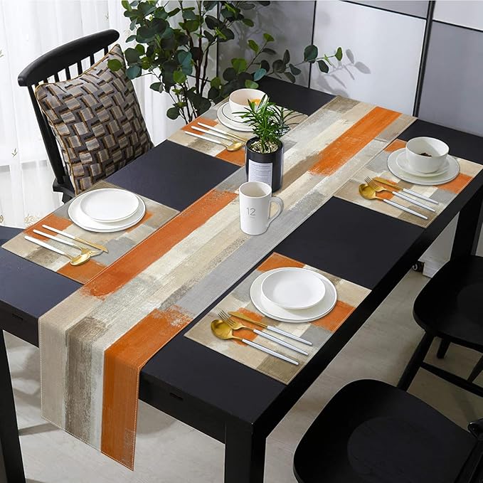 Emvency Farmhouse Table Runner and Placemats Set of 6, Cotton-Linen Modern Orange and White Painting Art Dining Table Decor for Daily Use(1 Table Runner 72 inches Long and 6 Placemats)