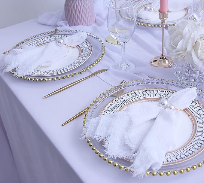 Cloth Napkins with Fringe Set of 12,100% Natural Soft Cotton,Washable Gauze Napkins Great for Weddings Decorative,Dinner Parties,Family Everyday Use (12 Pack, White)